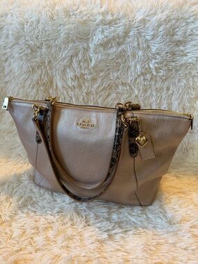 Coach Ava Metallic Taupe Pebbled Leather Tote Gold Hardware Exotic Trim Handles